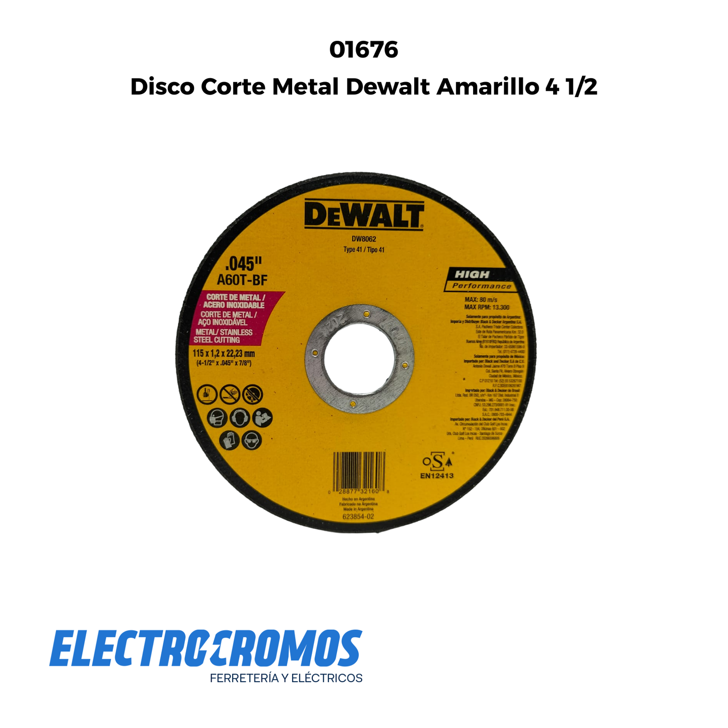 Disco Corte Metal Dewalt Amarillo 4 1/2
