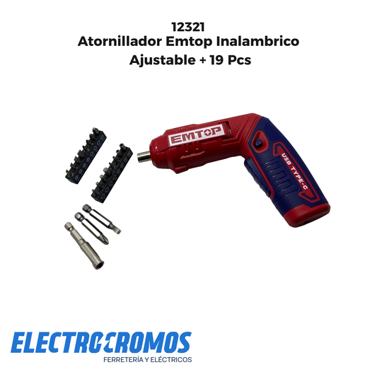 Atornillador Emtop Inalambrico Ajustable + 19 Pcs