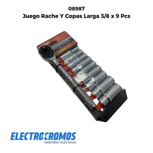 Juego Rache Y Copas Larga 3/8 x 9 Pcs